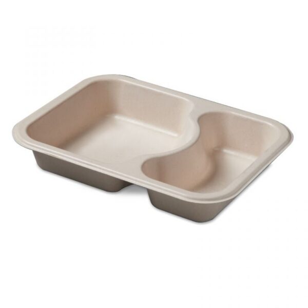 A two compartment 100% compostable fiber tray from Oliver Packaging.
