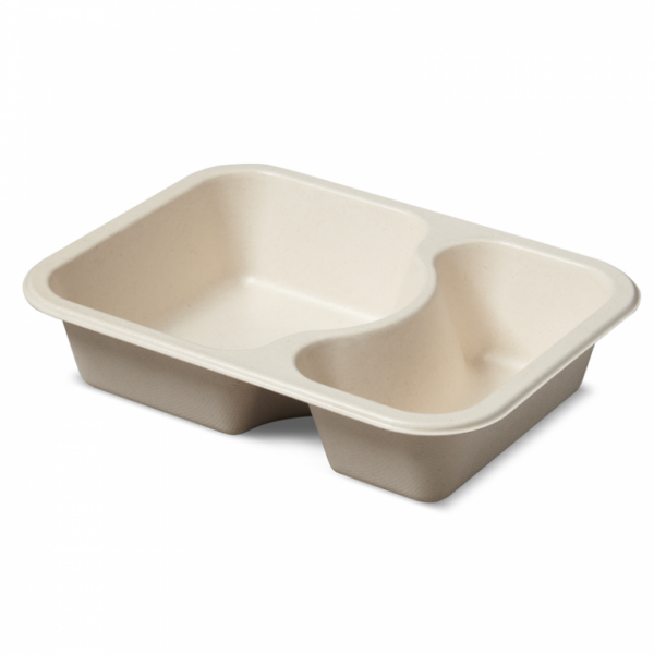2 compartment compostable fiber tray for food packaging.