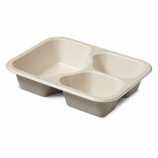 3 compartment compostable fiber tray for food packaging.