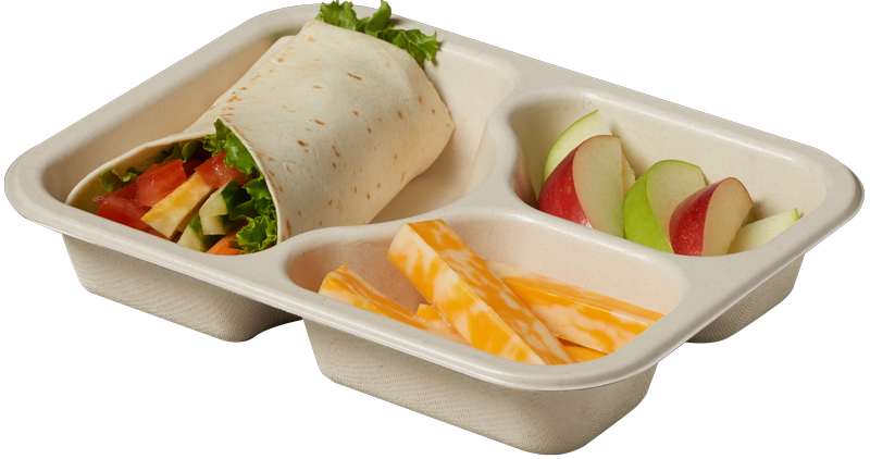 Compostable Tray with Veggie Wrap Cheese and Apples, uncovered
