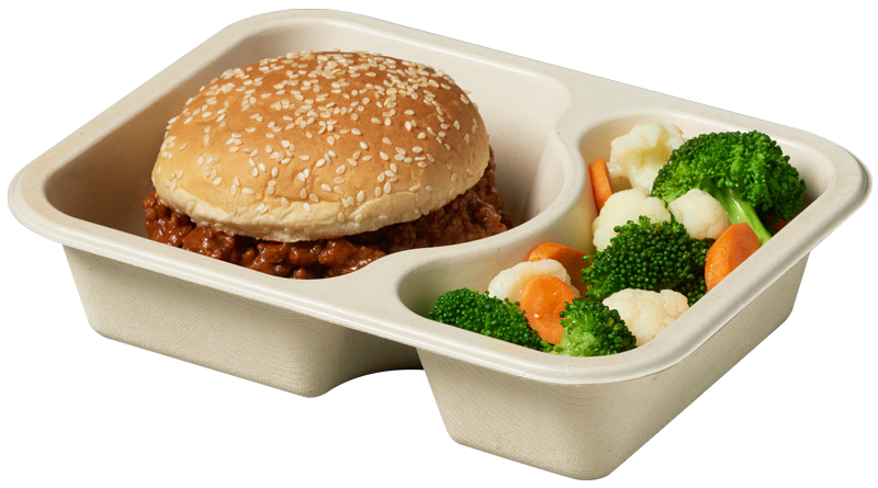 Compostable food tray with Sloppy Joes Veggies