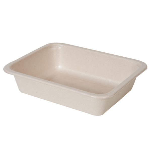 One compartment fiber tray for food packaging operations.