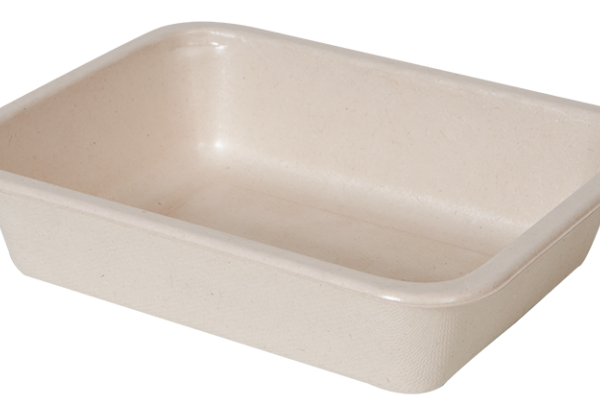 One compartment fiber tray for food packaging operations.