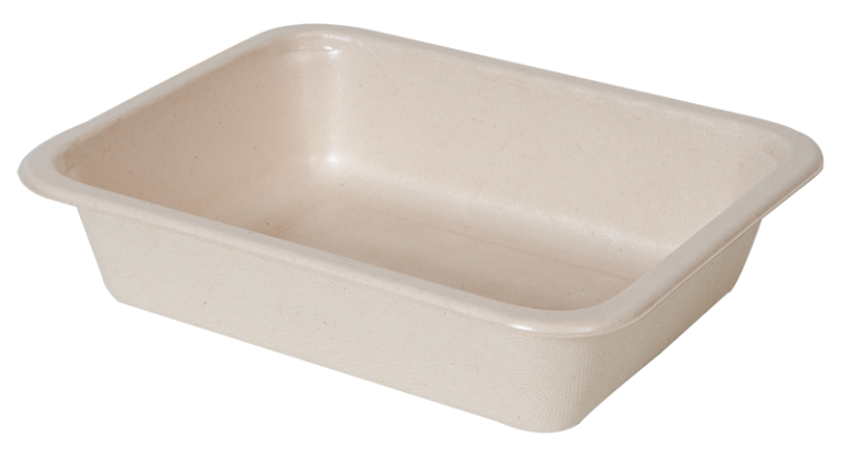 One compartment fiber tray for food packaging operations.