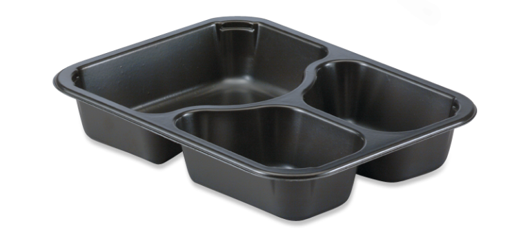 Black three compartment plastic tray for prepared meals.