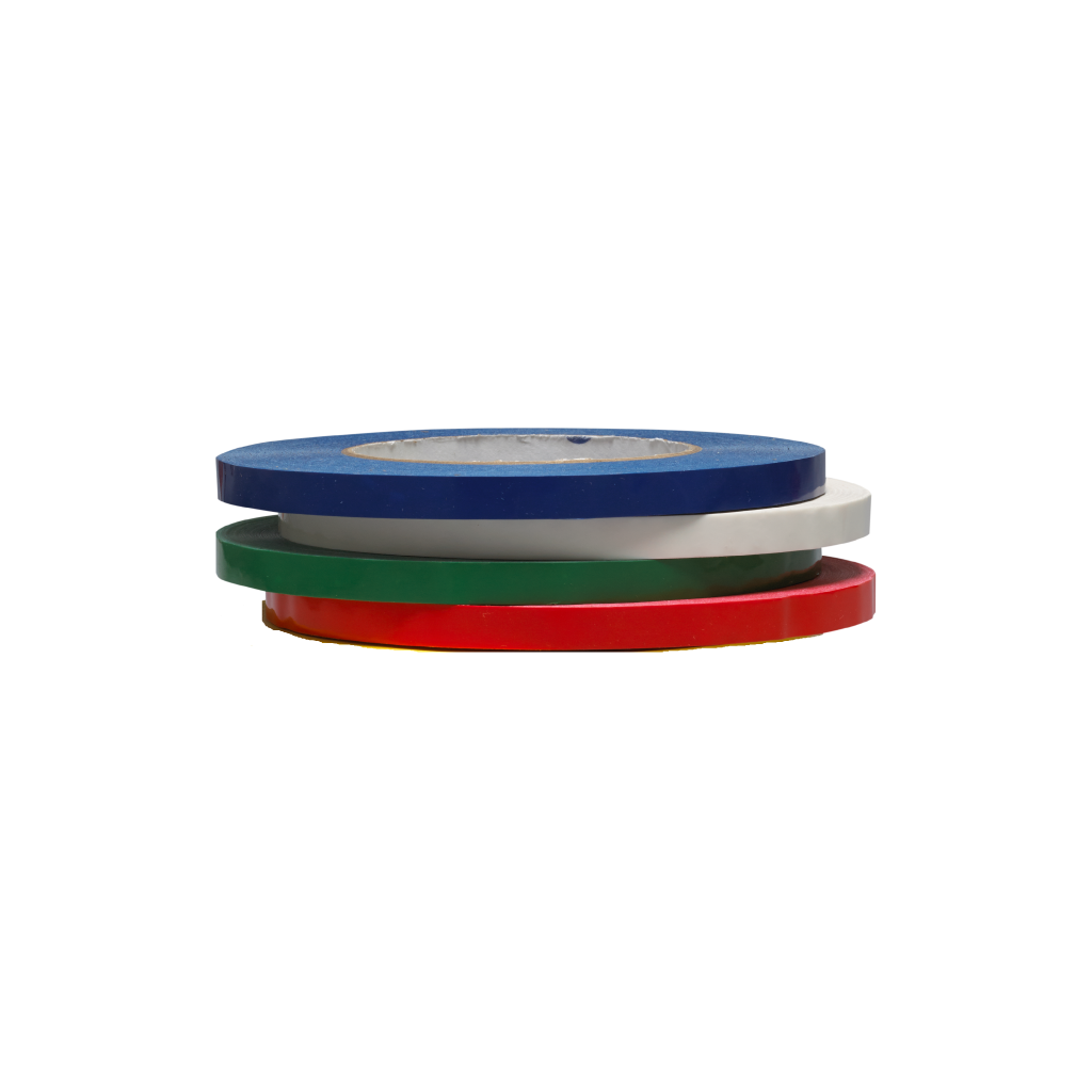 Stack of sealing tape rolls in blue, white, green, and red, for use with Speedseal Bagging System.