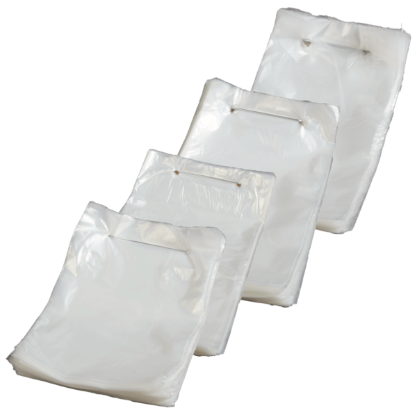 Clear plastic bags, in four different sizes, for use with Oliver Speedseal bagging machine.